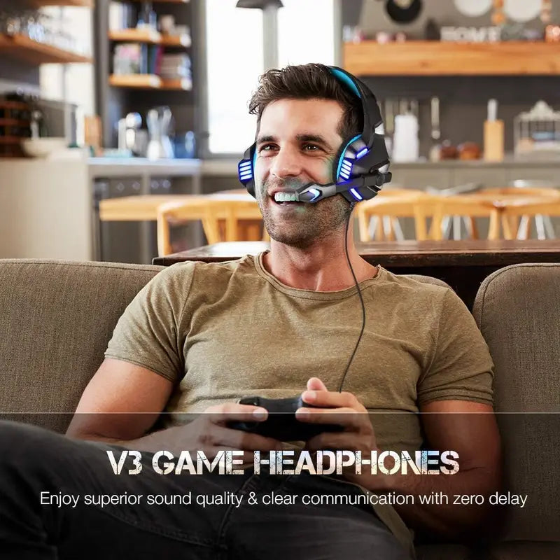 Over-Ear Gaming Headset with Noise Cancelling Mic and LED Light for Xbox One, PS4, PC - Stereo Bass Surround Sound, Memory Earmuffs - Compatible with PS5, Smartphones, Laptops, Tablets - USB Plug"