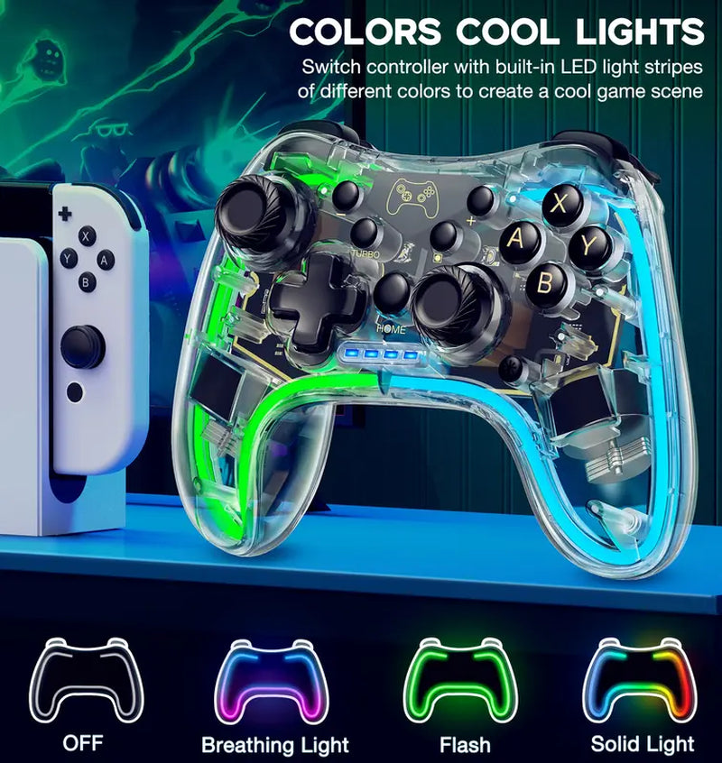 Wireless Switch Pro Controller for Switch Controller/Lite/Oled with RGB Breathing LED, Switch Controllers Remote Supports Multi-Platform&App with Turbo, Wake-Up, Vibration,Transparent