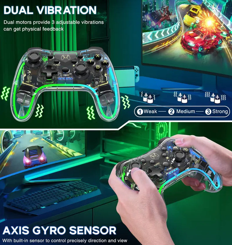 Wireless Switch Pro Controller for Switch Controller/Lite/Oled with RGB Breathing LED, Switch Controllers Remote Supports Multi-Platform&App with Turbo, Wake-Up, Vibration,Transparent