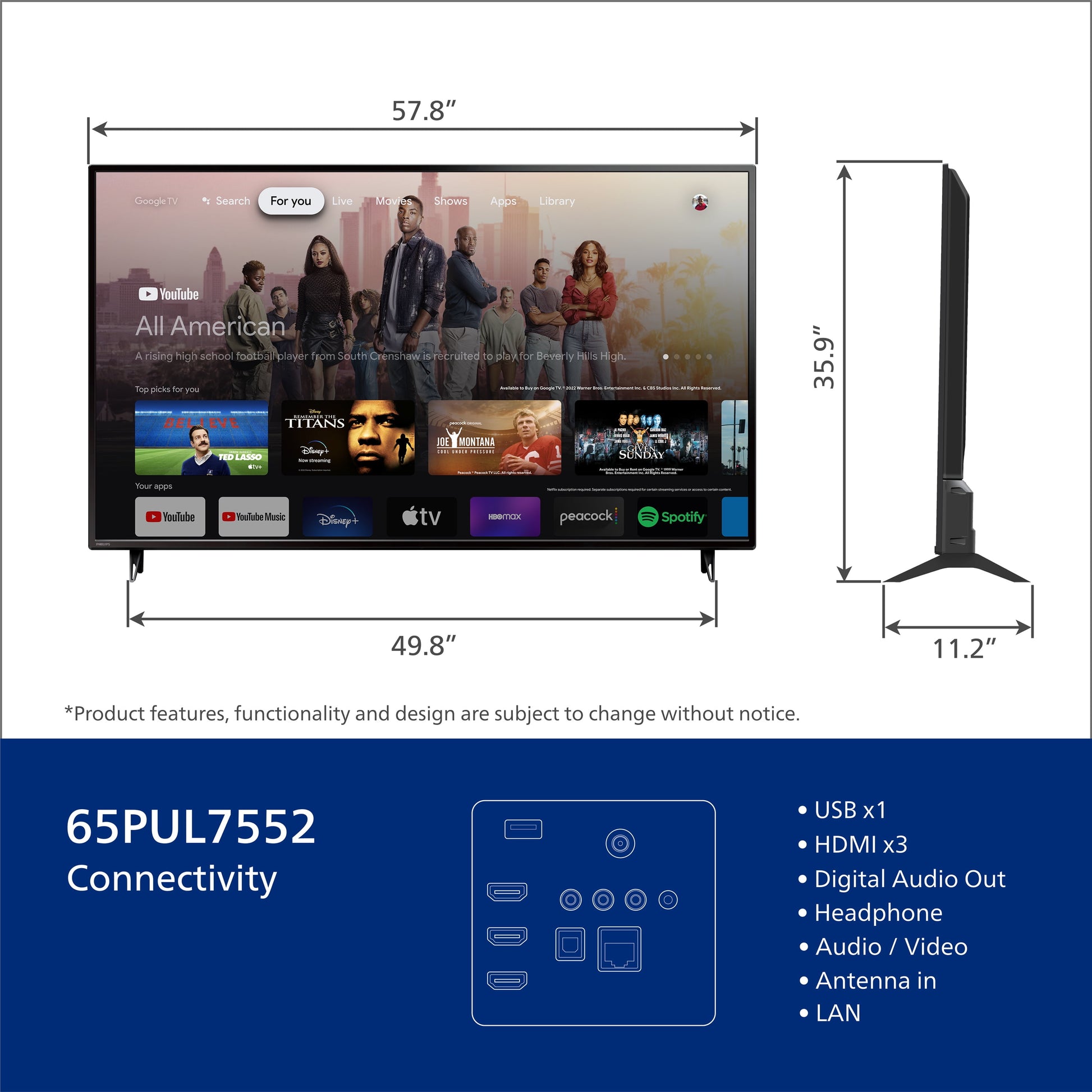 65" Class 4K Ultra HD (2160P) Google Smart LED Television (65PUL7552/F7) (New)