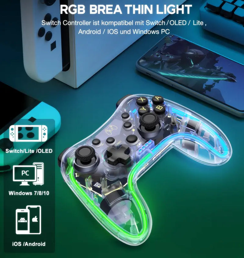 Wireless Switch Pro Controller for Switch Controller/Lite/Oled with RGB Breathing LED, Switch Controllers Remote Supports Multi-Platform&App with Turbo, Wake-Up, Vibration,Transparent