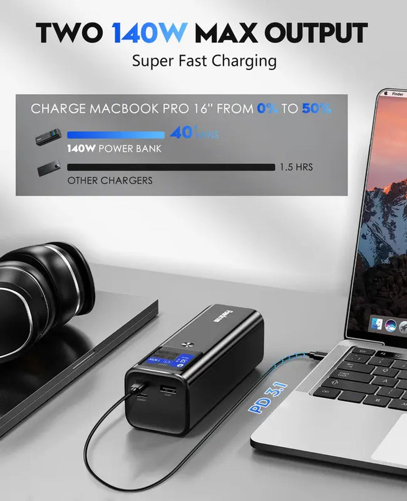 Powdeom 140W Power Bank, 24600Mah 3-Port PD3.1 Portable Laptop Charger with Two 140W Port, Smart Digital Display, Portable Phone Charger for Iphone 15/14 Series, Macbook, Ipad, Samsung, Airpods Etc Accessories Charging Electronic Smartphone Chargeable