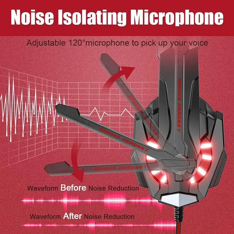 Gaming Headset for PS4 PC Xbox One PS5 Controller, Noise Cancelling over Ear Headphones with Mic, LED Light, Bass Surround, Soft Memory Earmuffs for Laptop Mac Nintendo NES Games