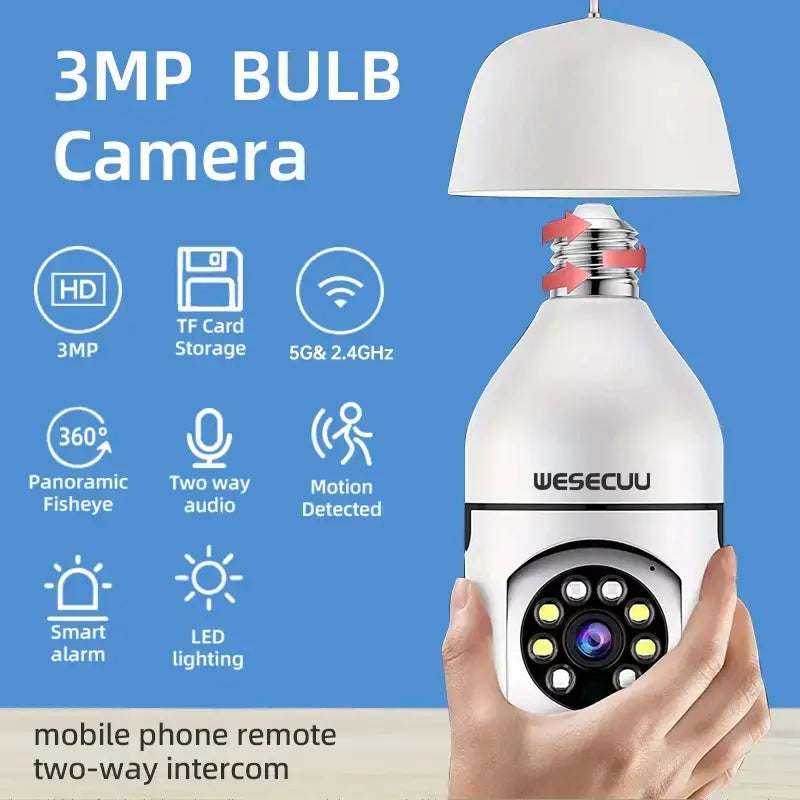 WESECUU Bulb Security Camera - HD 3 Megapixel Home Camera - 2.4G/5Ghz Wifi Compatible Surveillance Camera for Home, Elderly Kids and Pets Surveillance - Perfect for Enhanced Security,Securitycamera Viral Lightbulb