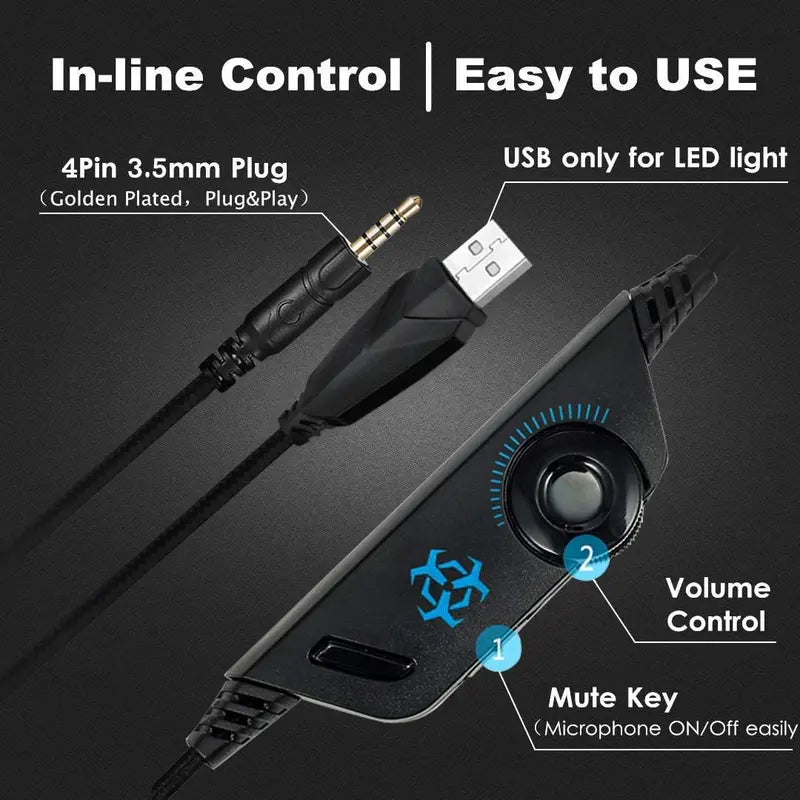 Over-Ear Gaming Headset with Noise Cancelling Mic and LED Light for Xbox One, PS4, PC - Stereo Bass Surround Sound, Memory Earmuffs - Compatible with PS5, Smartphones, Laptops, Tablets - USB Plug"