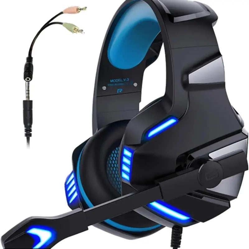 Over-Ear Gaming Headset with Noise Cancelling Mic and LED Light for Xbox One, PS4, PC - Stereo Bass Surround Sound, Memory Earmuffs - Compatible with PS5, Smartphones, Laptops, Tablets - USB Plug"