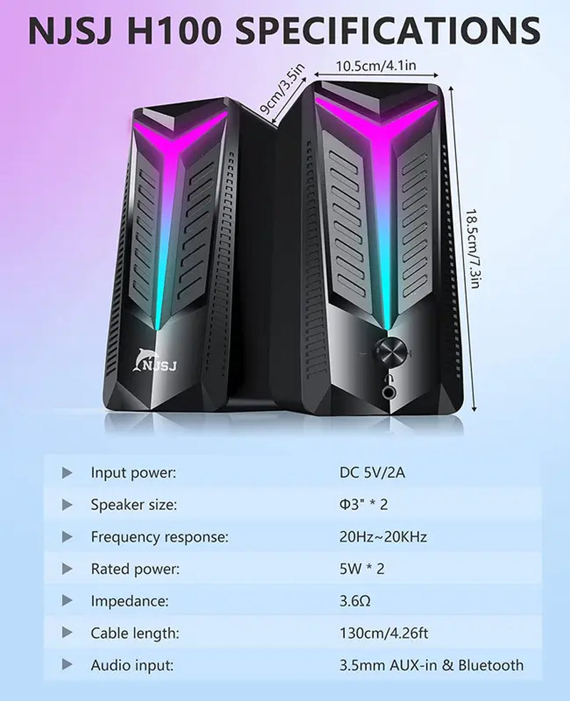 RGB Gaming Speakers, Computer Speakers for Desktop Bluetooth Wireless & 3.5Mm Aux-In Connection, Controllable RGB Lighting, 2.0 Usb-Powered Stereo PC Speaker for Laptop, Monitor, Phones,Tablets