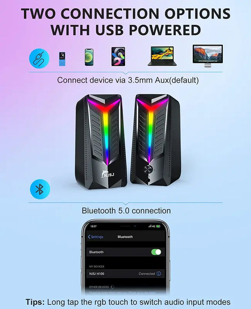 RGB Gaming Speakers, Computer Speakers for Desktop Bluetooth Wireless & 3.5Mm Aux-In Connection, Controllable RGB Lighting, 2.0 Usb-Powered Stereo PC Speaker for Laptop, Monitor, Phones,Tablets