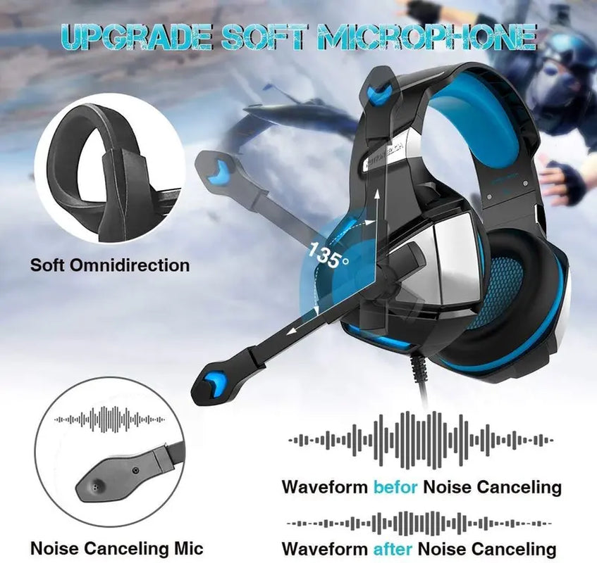 Over-Ear Gaming Headset with Noise Cancelling Mic and LED Light for Xbox One, PS4, PC - Stereo Bass Surround Sound, Memory Earmuffs - Compatible with PS5, Smartphones, Laptops, Tablets - USB Plug"