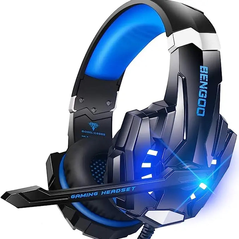 Gaming Headset for PS4 PC Xbox One PS5 Controller, Noise Cancelling over Ear Headphones with Mic, LED Light, Bass Surround, Soft Memory Earmuffs for Laptop Mac Nintendo NES Games