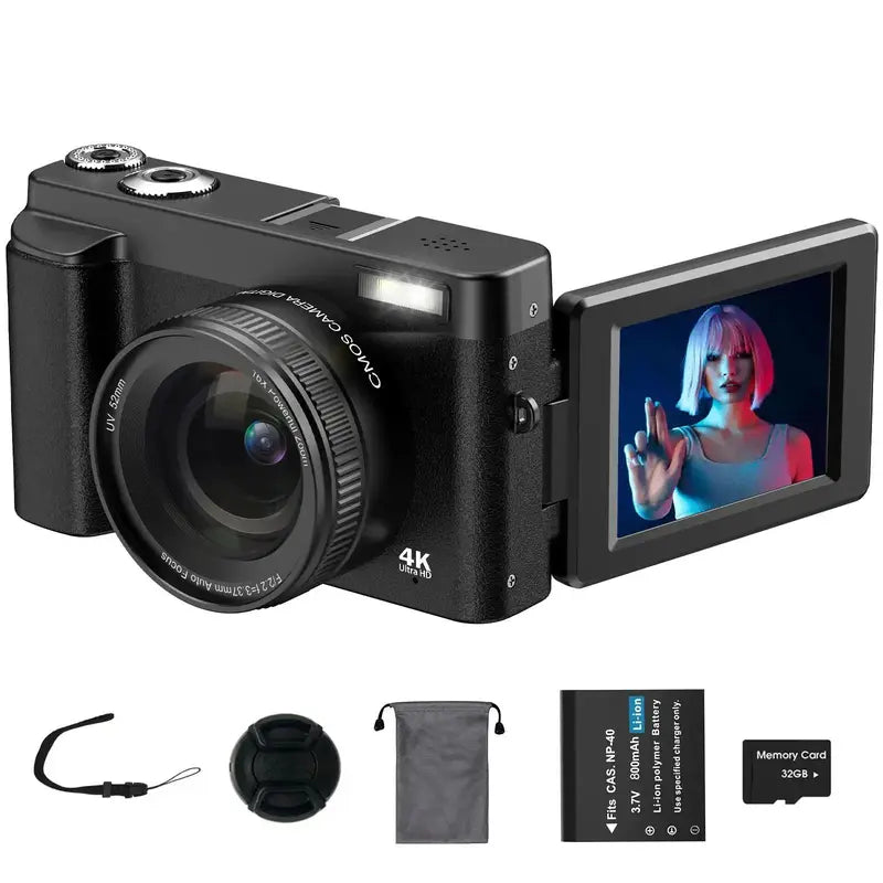 DC101 4K Digital Cameras, Auto Focus 48MP Digital Camera, 16X Magnification Video Camera with 32G Memory Card, 4K Video Recording 180° Flippable Display Camera, Electronics Cameras, Summer Gifts 2024