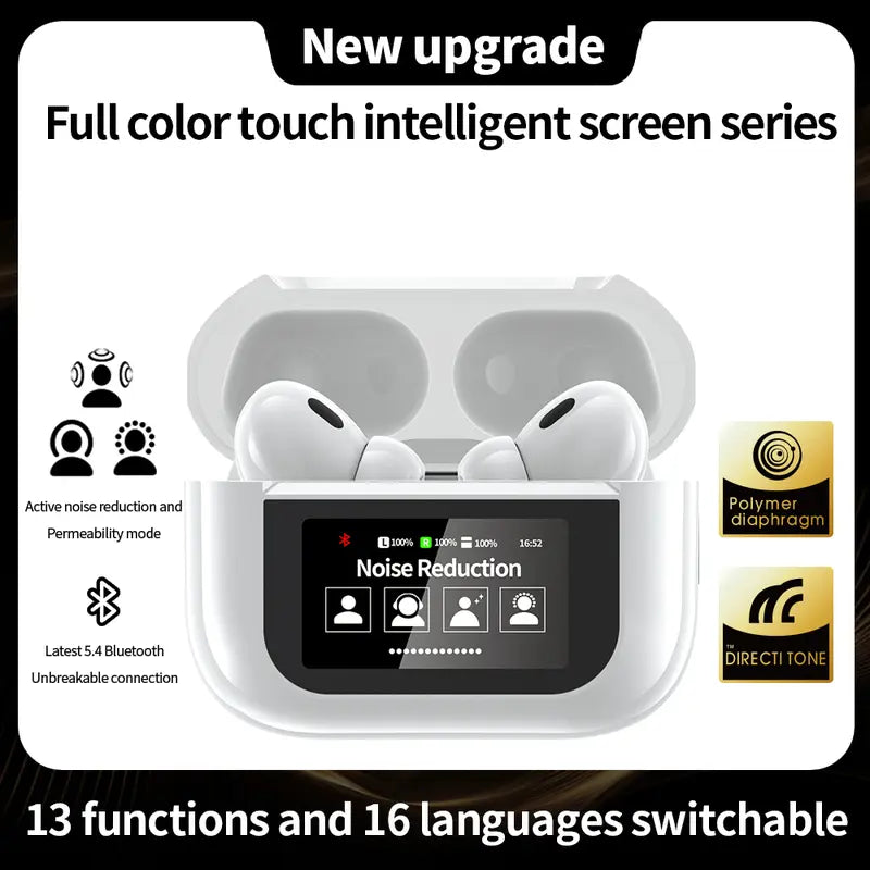 ANC Noise Cancellation Bluetooth Earphones TWS Bluetooth V5.4 Full Color Display Earphone Earbuds ANC Touch Screen with Double Mic 500Mah Charging Case