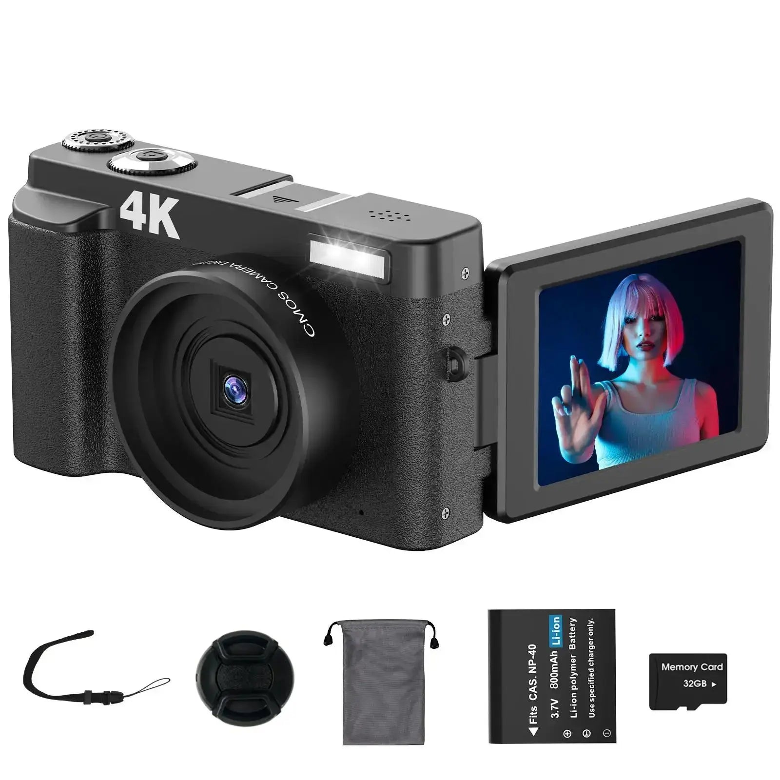 DC101 4K Digital Cameras, Auto Focus 48MP Digital Camera, 16X Magnification Video Camera with 32G Memory Card, 4K Video Recording 180° Flippable Display Camera, Electronics Cameras, Summer Gifts 2024