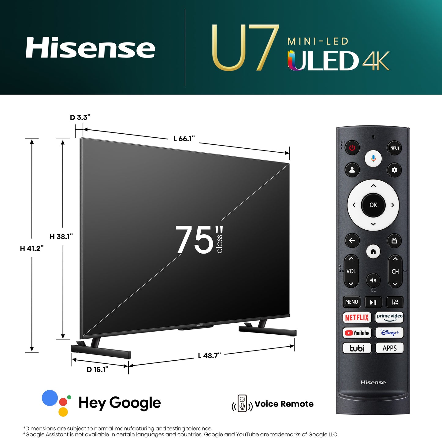 75" Class U7 Series Mini-Led ULED 4K UHD Google Smart TV (75U7K) - QLED, Native 144Hz, 1000-Nit, Dolby Vision IQ, Full Array Local Dimming, Game Mode Pro