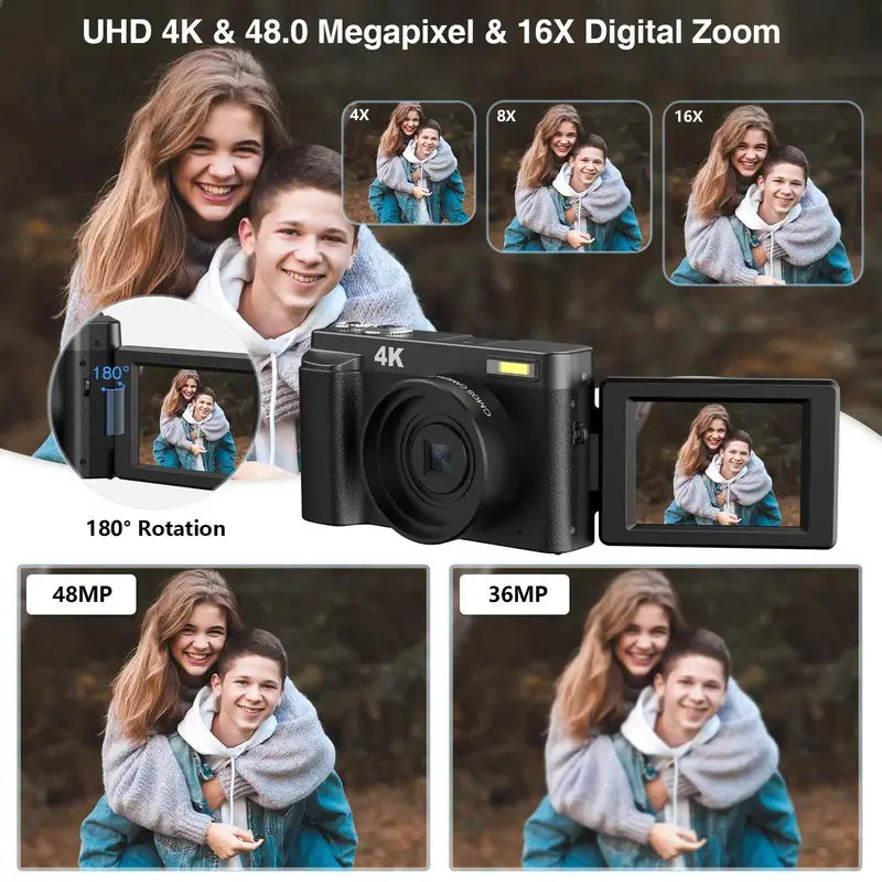 DC101 4K Digital Cameras, Auto Focus 48MP Digital Camera, 16X Magnification Video Camera with 32G Memory Card, 4K Video Recording 180° Flippable Display Camera, Electronics Cameras, Summer Gifts 2024