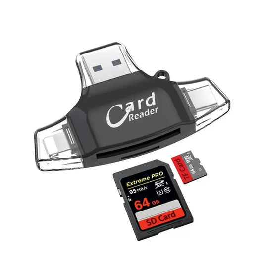 4 in 1 Card Reader for Iphone, Triangle Memory Card Reader for Iphone SD to Iphone Adapter Trail Game Camera SD Card Viewer Supports SD and Tf Card Micro SD Adapter for Ipad Type C Lightning USB3.1 Micro USB (No Memory Card Contained)
